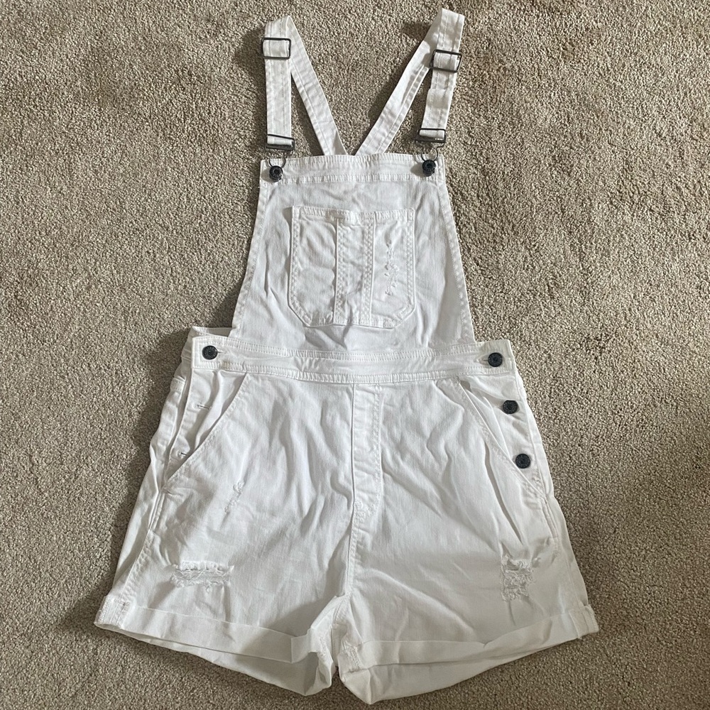 White jean short overalls